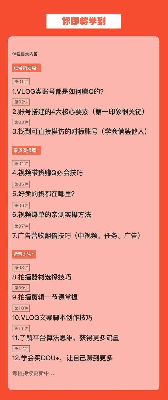 新手VLOG短视频特训营：学会带货、好物、直播、中视频、赚Q方法（16节课）插图1