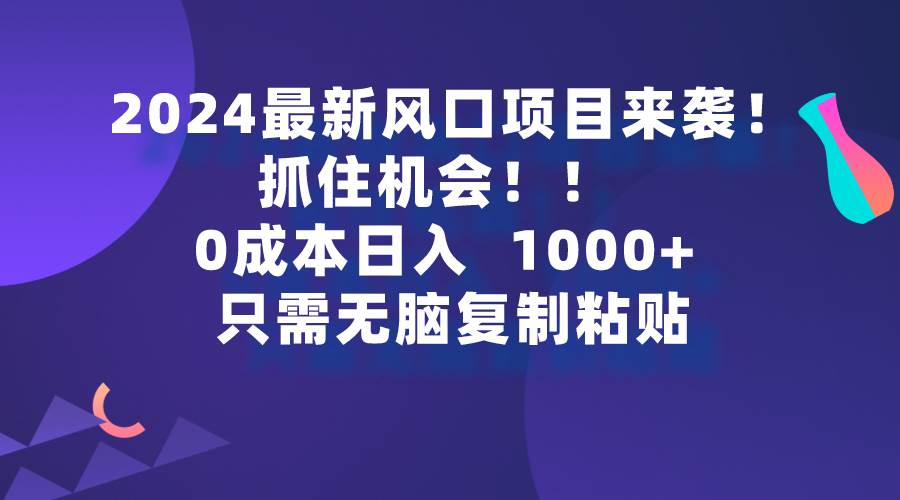 2024最新风口项目来袭，抓住机会，0成本一部手机日入1000+，只需无脑复…